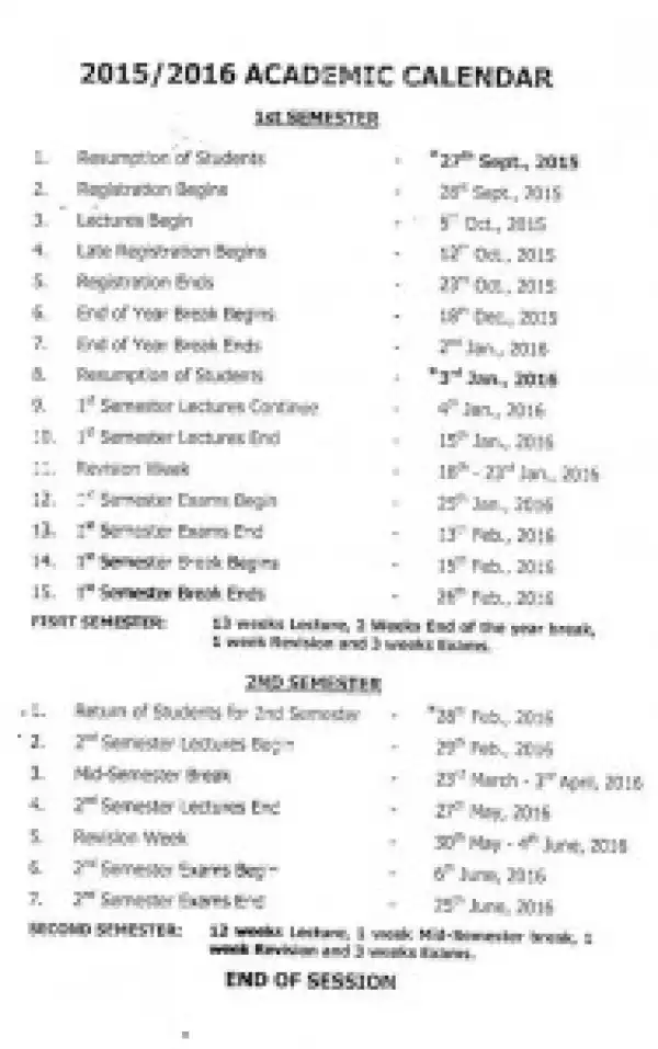 NSUK Academic Calendar for 2015/2016 Session Published