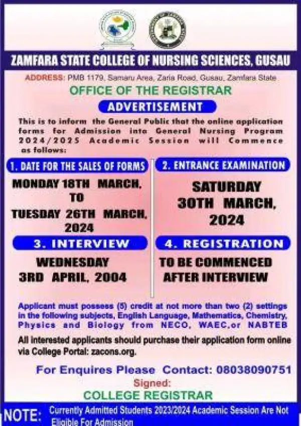 Zamfara College of Nursing Sciences admission into General Nursing, 2024/2025