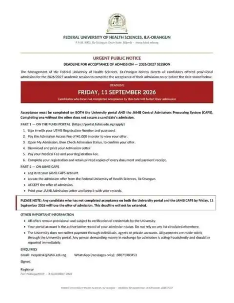 FUHSI notice on deadline for acceptance of admission 2026/2027 session