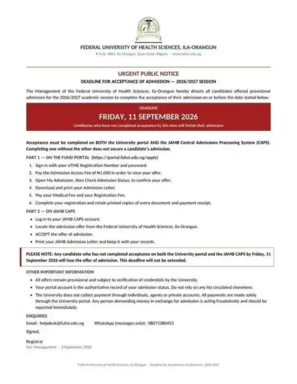 FUHSI notice on deadline for acceptance of admission 2026/2027 session