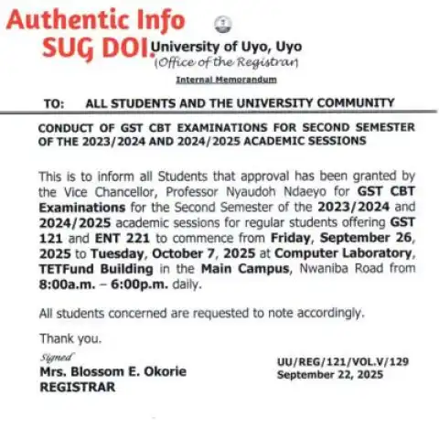 UNIUYO announces GST CBT exams for 2023/24 & 2024/25 sessions