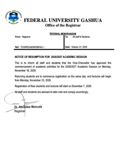 Federal University Gashua Announces Resumption Dates for 2026/2027 Session