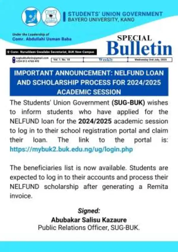 BUK SUG notice to students who applied for NELFUND
