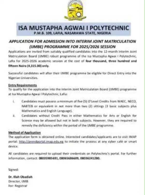 Isa Mustapha Agwai Polytechnic releases IJMB admission form, 2025/2026