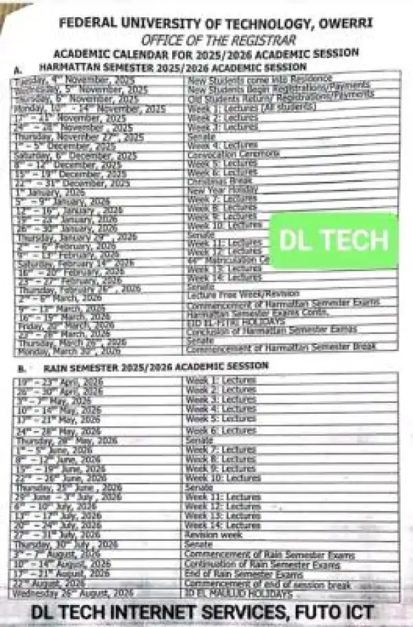 FUTO academic calendar for 2025/2026 session