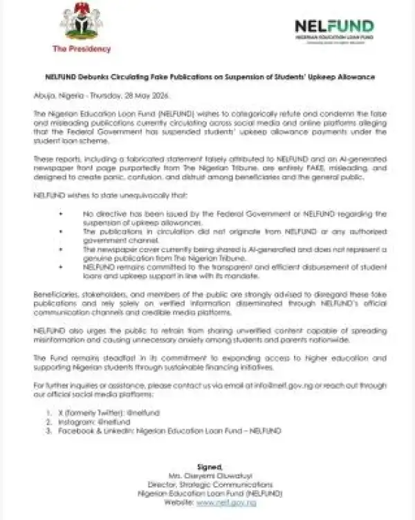 NELFUND debunks circulating fake publications on suspension of students