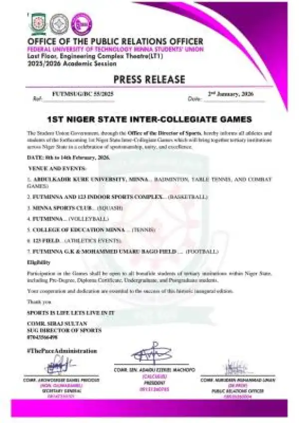 FUTMINNA SUG announces first Niger State inter-collegiate games