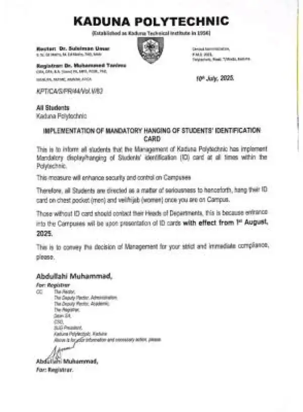 KADPOLY implements mandatory display of students