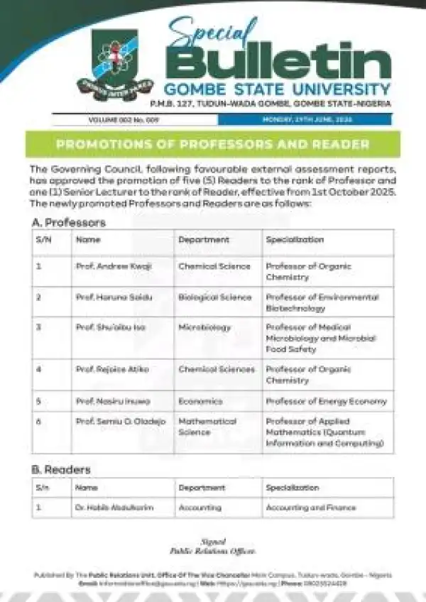 GOMSU approves promotion of new Professors and Reader