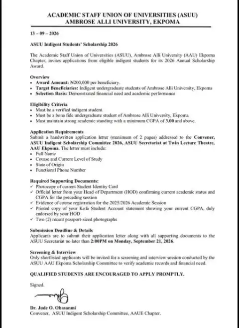 AAU ASUU announces scholarship for indigent students, 2026