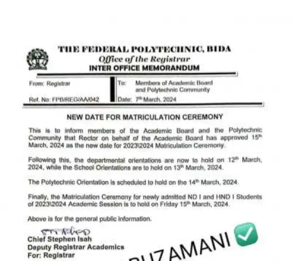 Fed Poly Bida announces new date for matriculation ceremony