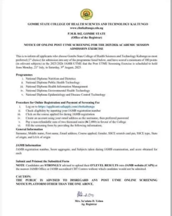 Gombe College of Health Science and Tech, Kaltungo Post UTME form, 2025/2026