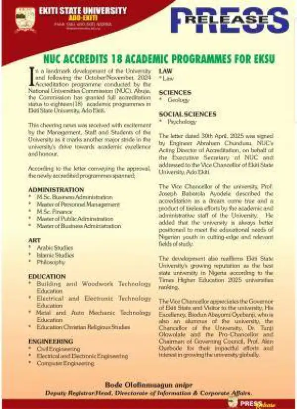 EKSU gets NUC accreditation for 18 academic programmes