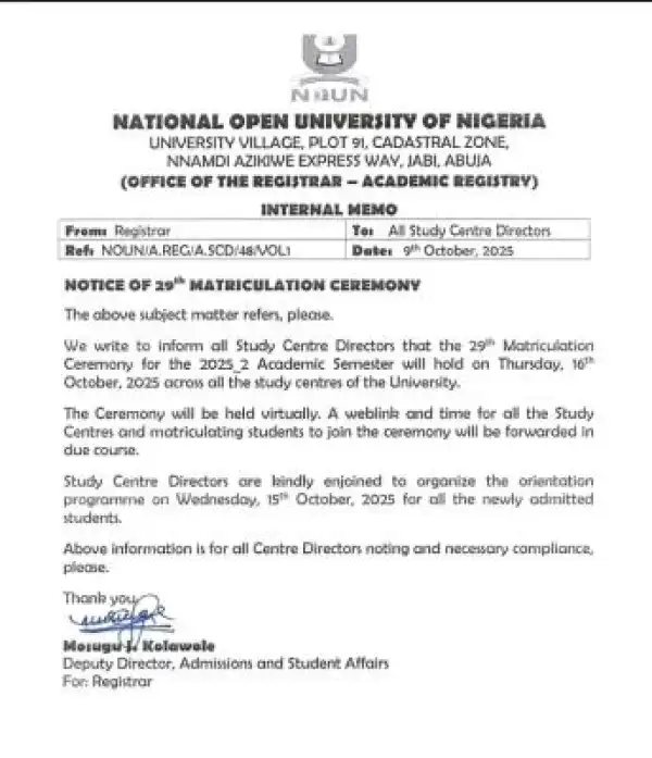 NOUN notice of 29th matriculation ceremony