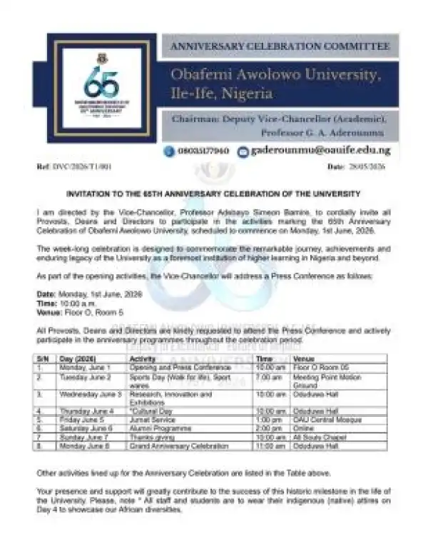 OAU announces schedule of events for 65th Anniversary