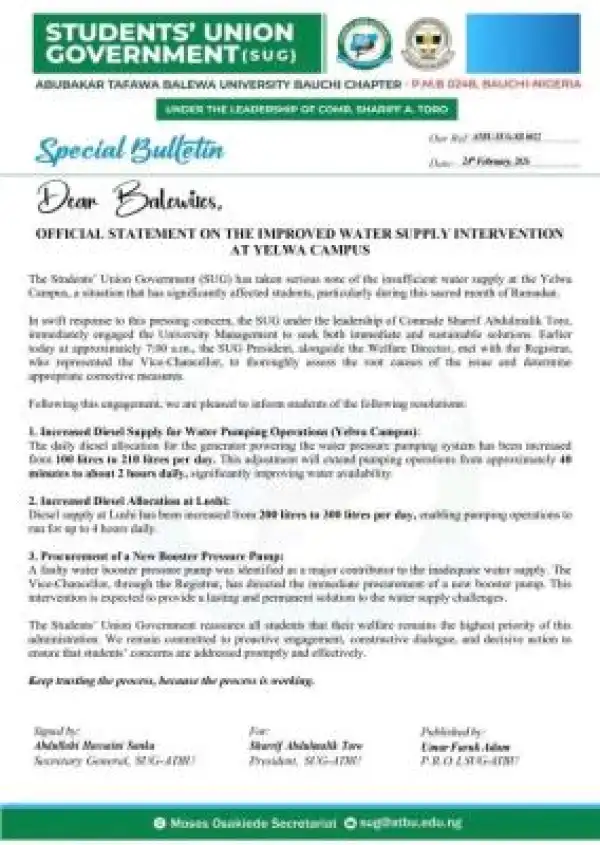 ATBU SUG notice on improved water supply at Yelwa Campus