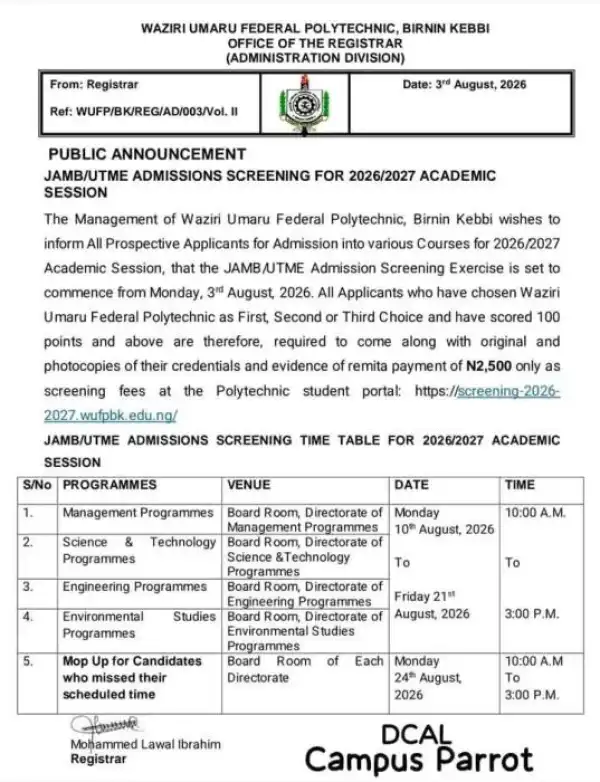Waziri Umaru Poly Post-UTME Registration and screening exercise, 2026/27
