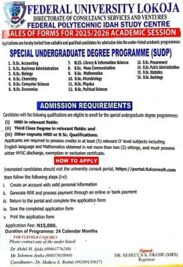 Idah Poly in affiliation with FULOKOJA admission into Special Undergraduate Degree programmes, 2025/2026