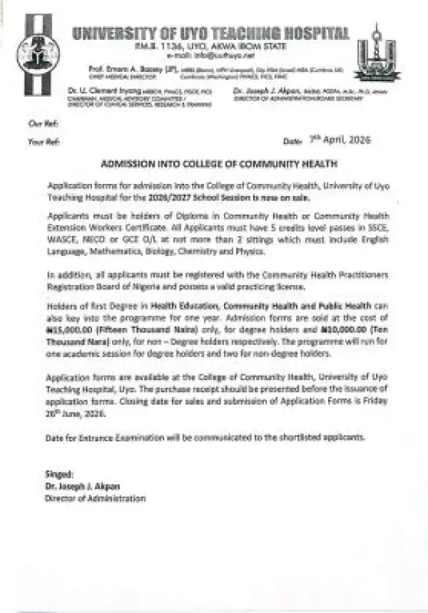 UNIUYO Teaching Hospital (UUTH) College of Community Health admission, 2026/2027 Session