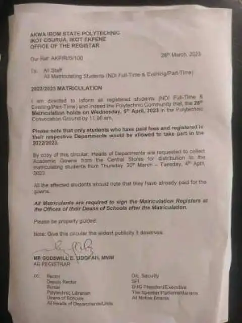 Akwa Poly matriculation ceremony, 2022/2023