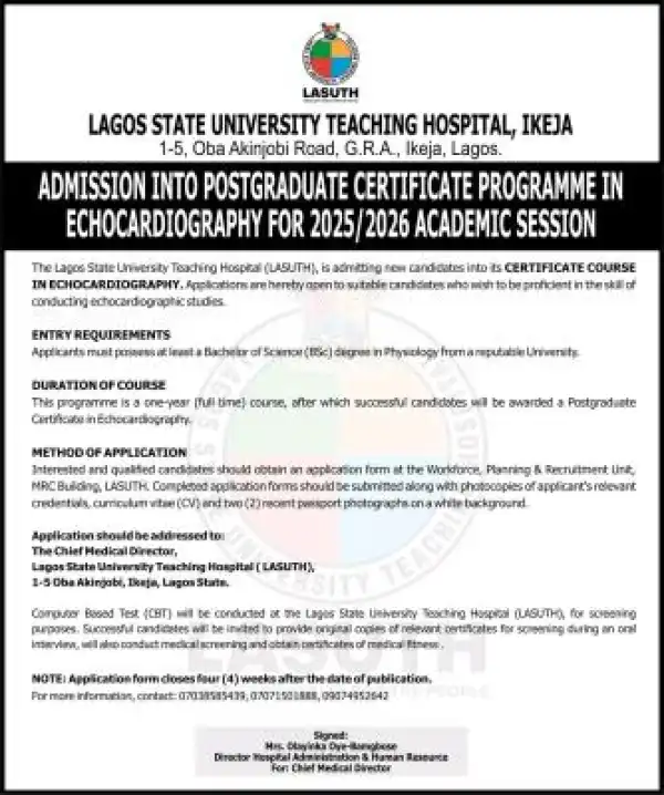LASUTH admission into Post-graduate Certificate programme in Echocardiography, 2025/2026
