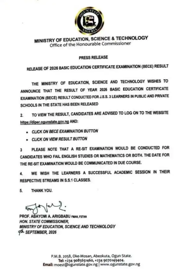 Ogun State releases Basic Education Certificate Examination (BECE) 2026 Results