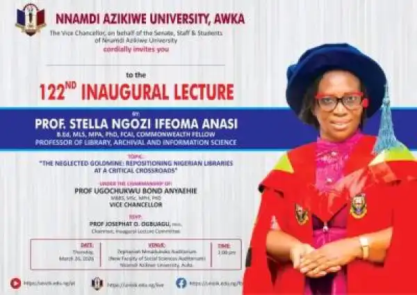 UNIZIK announces 122nd Inaugural Lecture