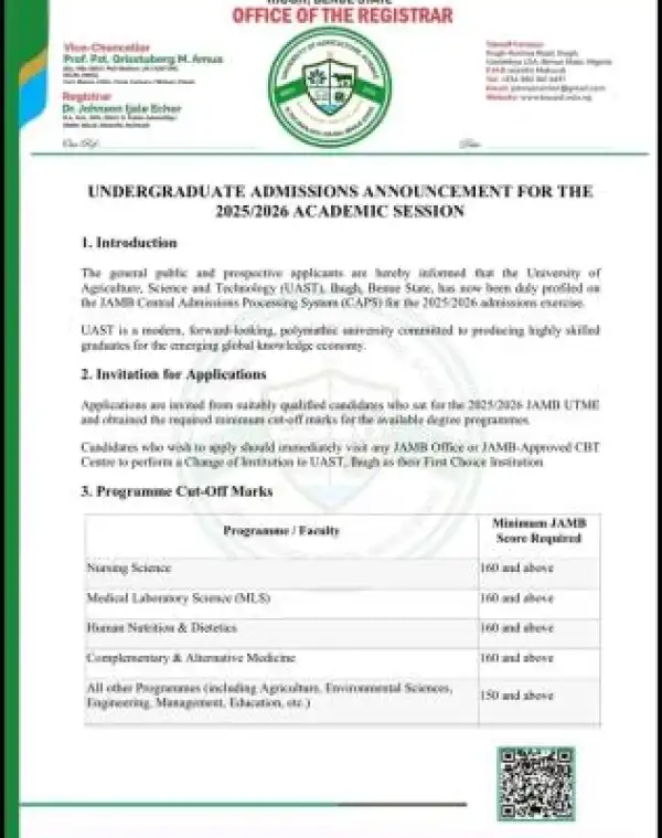 UAST undergraduate admissions for 2025/2026 academic session