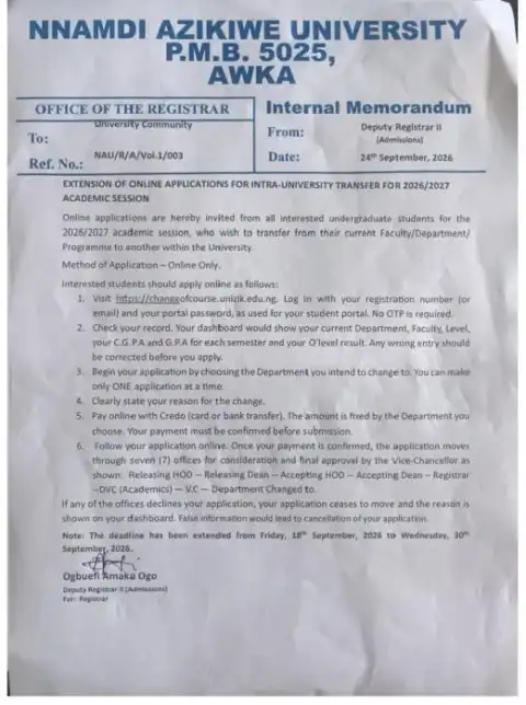 UNIZIK extends Intra-University Transfer application deadline, 2026/2027