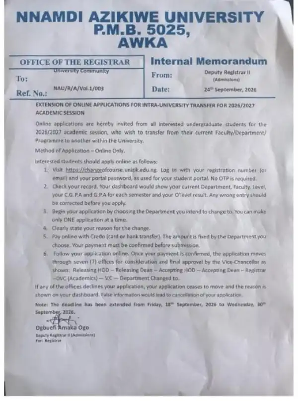 UNIZIK extends Intra-University Transfer application deadline, 2026/2027