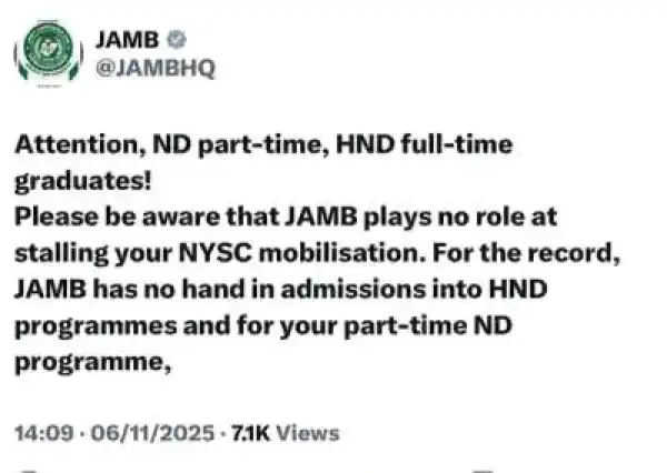 JAMB Clarifies Its Role in NYSC Mobilization for ND Part-time and HND Graduates