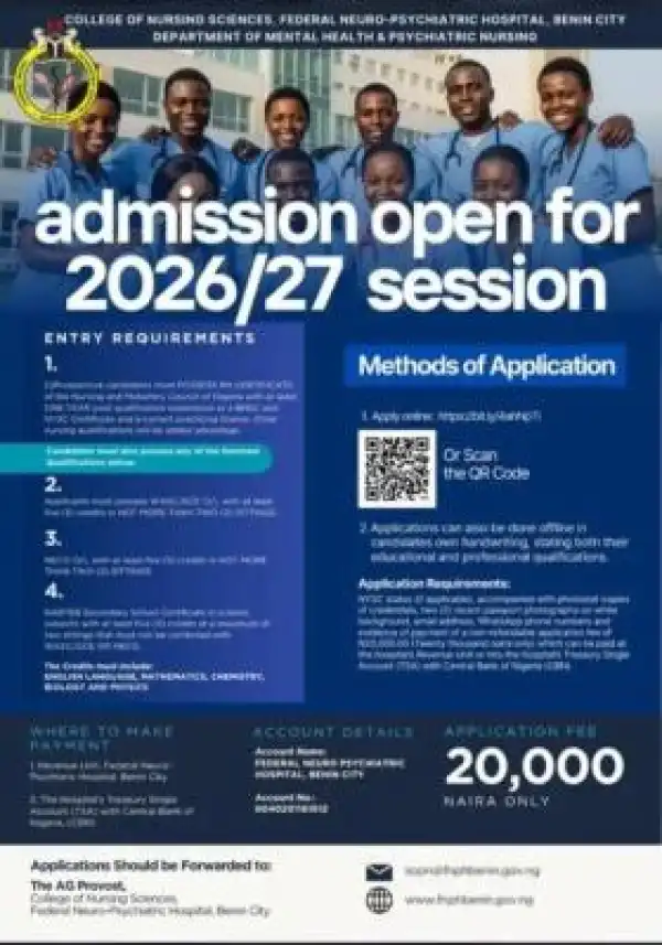 College of Nursing Sciences, Federal Neuro-Psychiatric Hospital, Benin admission, 2026/27