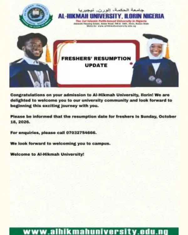 Al-Hikmah University Announces Freshers’ Resumption Date for 2026/2027 Session