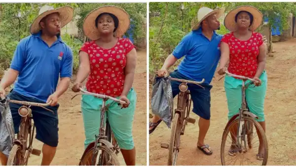 "This One Na Typical Village Love” – Fans React To Photos Of Mike Ezuruonye And Nazo Ekezie On Bicycles