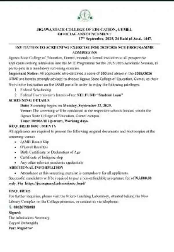 Jigawa State COE announces screening exercise for NCE programme, 2025/2026