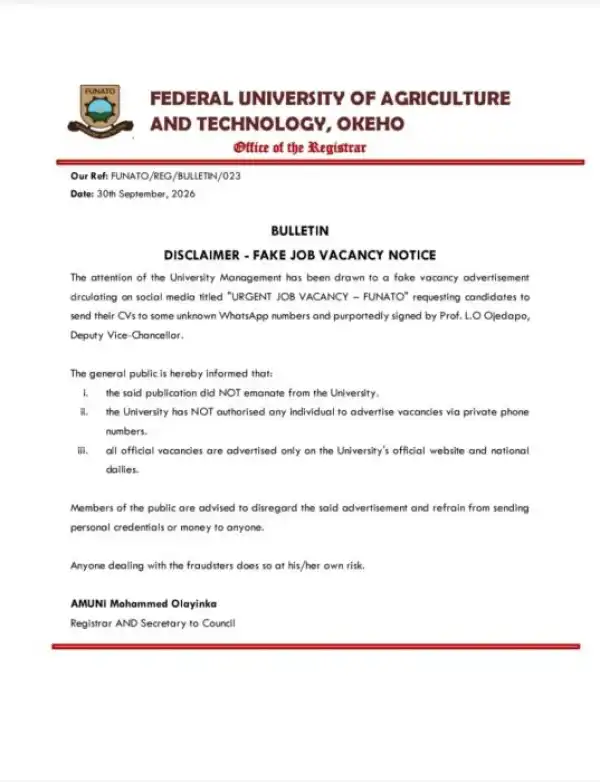 FUNATO disclaimer notice on fake job vacancy