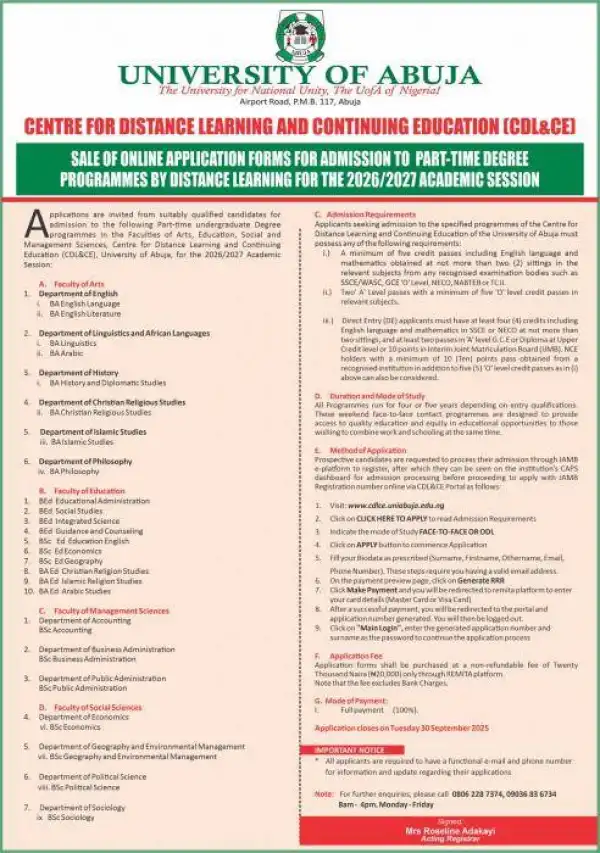 UNIABUJA part-time degree admission, 2026/2027 session