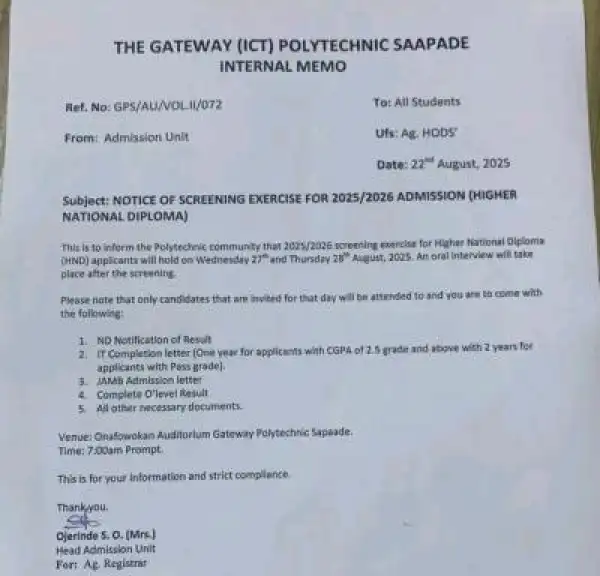 Gateway ICT Poly announces screening exercise for HND Candidates, 2025/2026