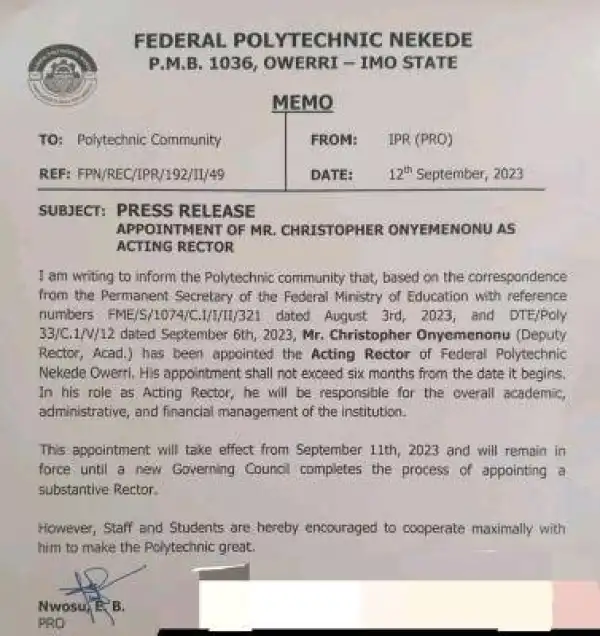 Fed Poly, Nekede appoints acting Rector