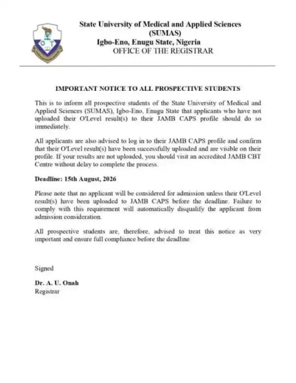 SUMAS notice to prospective students on upload of O