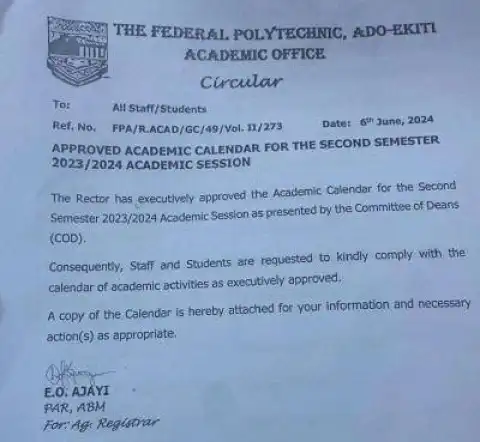 Fed Poly Ado releases approved academic calendar, 2023/2024