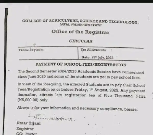 College of Agriculture, Science & Tech Lafia Notice on payment of school fees, 2024/2025