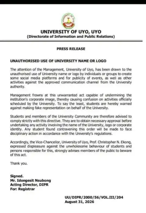 University of Uyo warns against unauthorized use of its name and logo