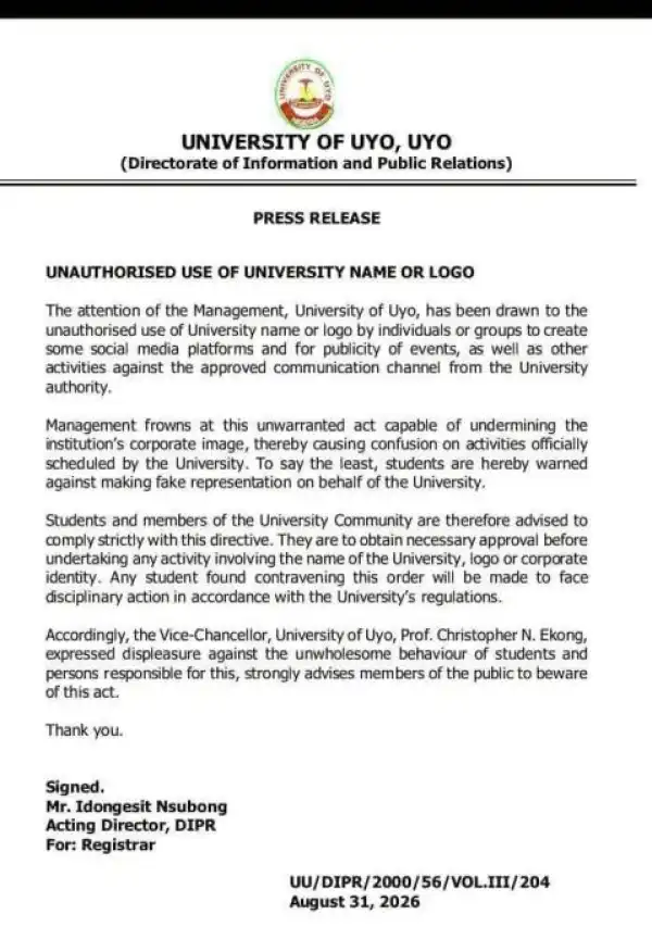 University of Uyo warns against unauthorized use of its name and logo