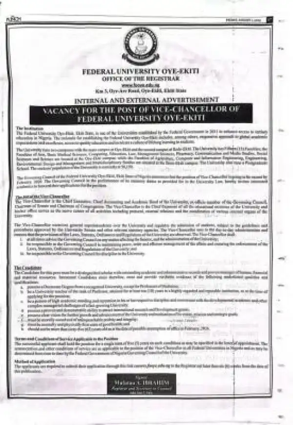FUOYE announces vacancy for the post of Vice Chancellor