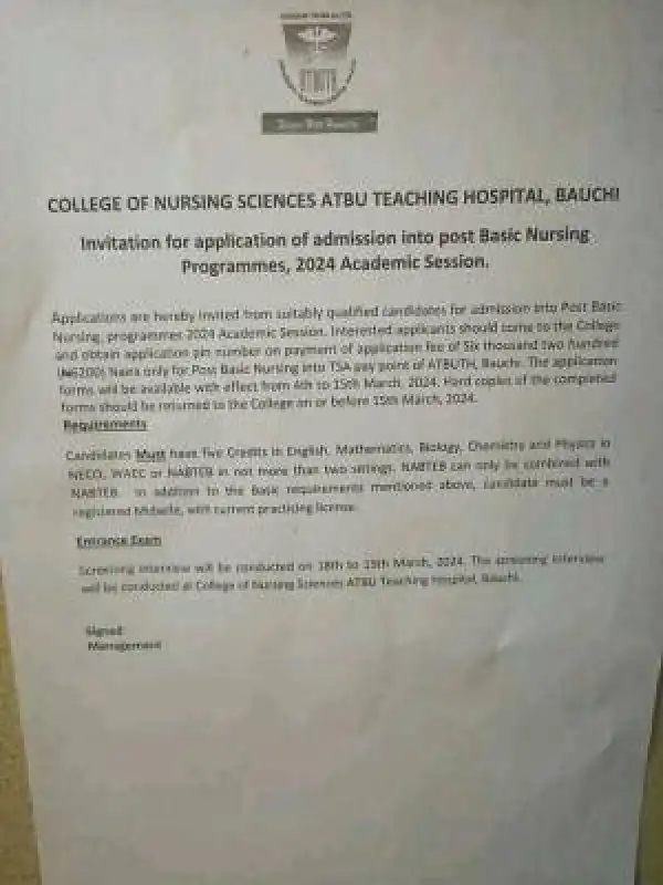 ATBU Teaching Hospital Invitation for application of admission into post Basic Nursing Programmes - 2024 session