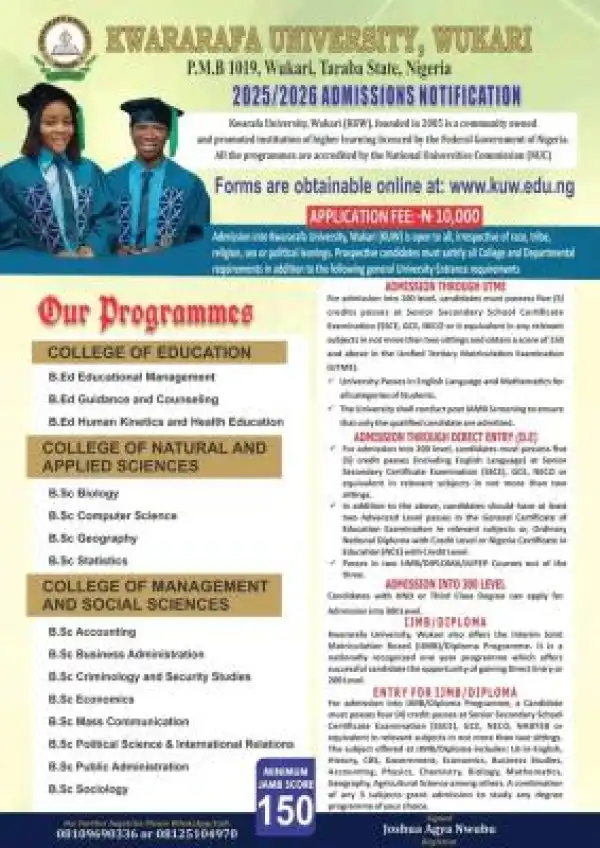 Kwararafa University Post-UTME/DE 2025: Cut-off mark, Eligibility and Registration Details