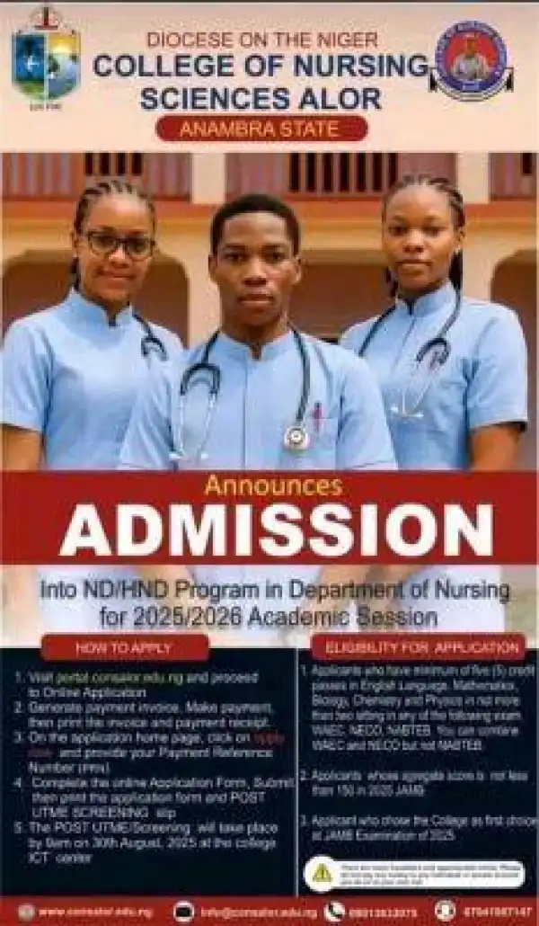 College of Nursing Sciences, Alor Anambra admission into ND/HND Nursing, 2025/2026