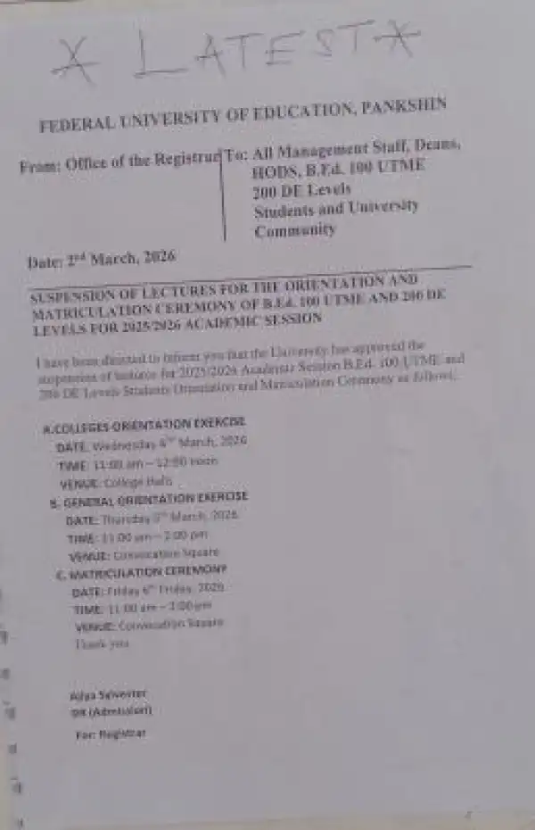 Federal University of Education, Pankshin suspends lectures for orientation, matriculation Ceremony