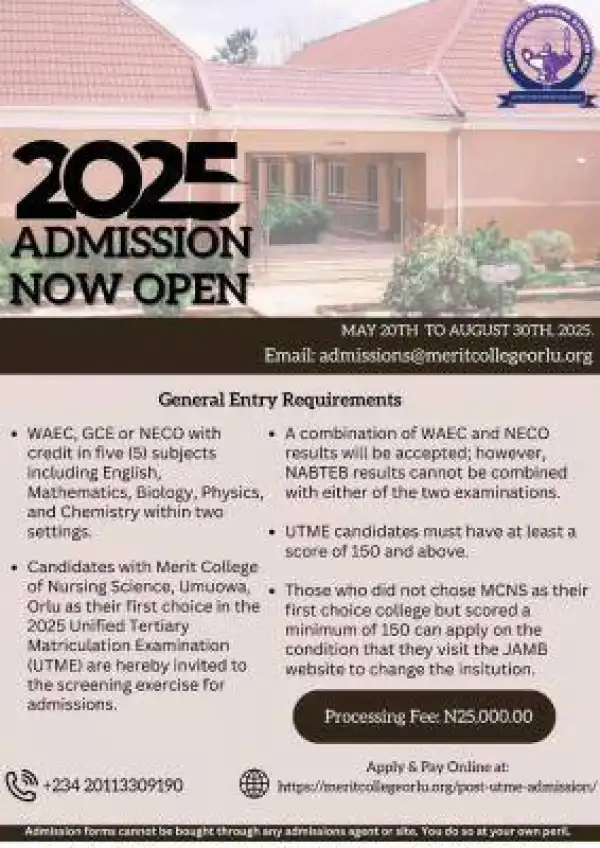 Merit College of Nursing Sciences, Orlu announces Nursing admission form, 2025/2026